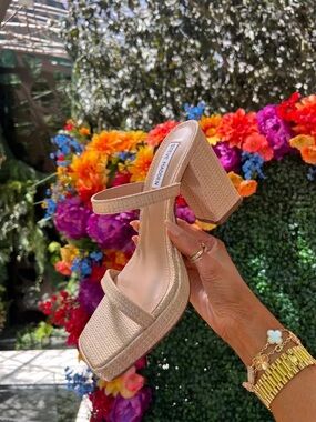 Polly Natural Raffia Platform Block Heel Sandals by Steve Madden